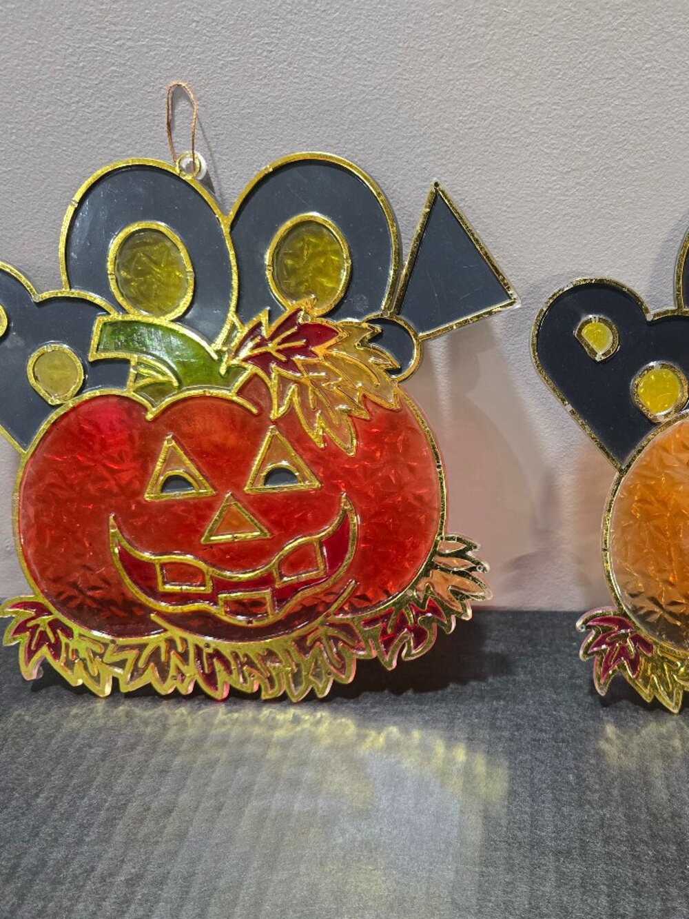 Vintage Jack O Lanterns Stained Plastic Suncatcher Halloween Window Hangers